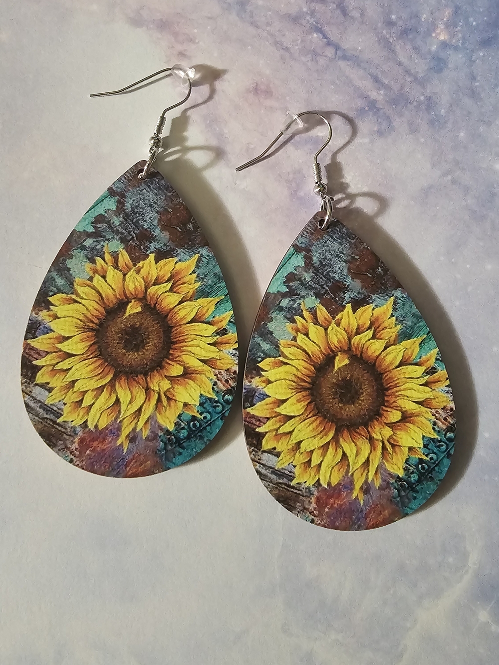 Sunflower Teardrop Wooden Earrings - Yellow & Turquoise